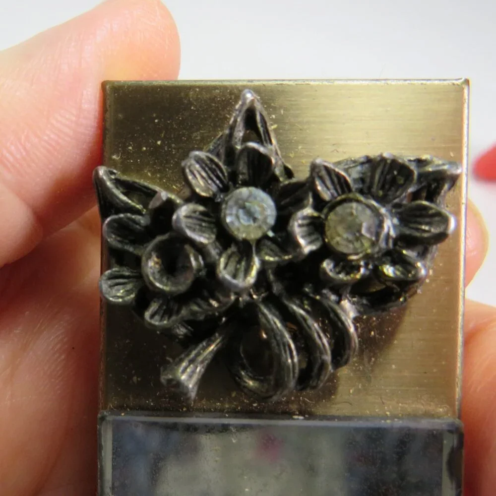 Vintage Black Velvet Kiss-Lock Clutch Purse, satin change & Jeweled Mirror Brush